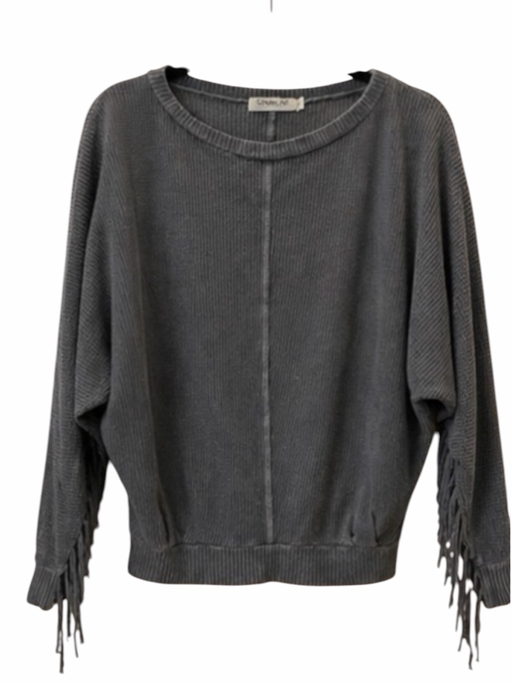 Sam‎ & Lavi Charcoal Grey Fringe Waffle Knit Thermal Top XS Boho Dolman Sleeve